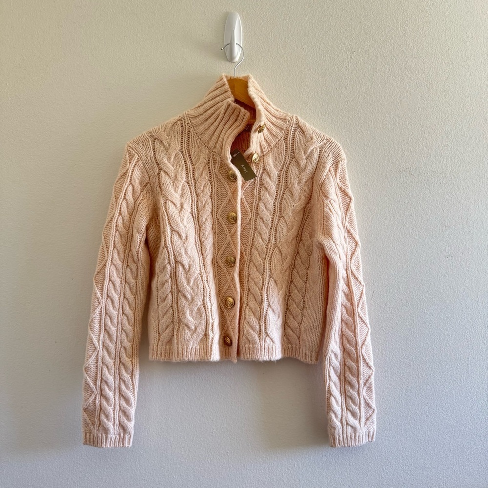 NWT J.Crew Natural Beige Cable Knit Turtleneck Cardigan size Small - Picture 3 of 9